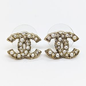 CHANEL Gold Pearl Crystal Bling CC Piercing